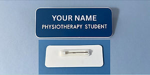 Blue physio name badge image, white engraved text, safety pin back.