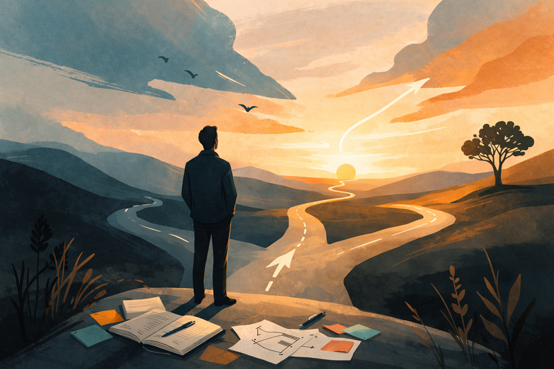 Person looking at a fork in the road, a big life decision ahead.