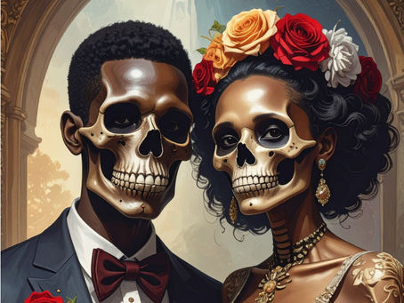 a close up image of an African American husband and wife with a skeletal mixture of bone and flesh in close embrace