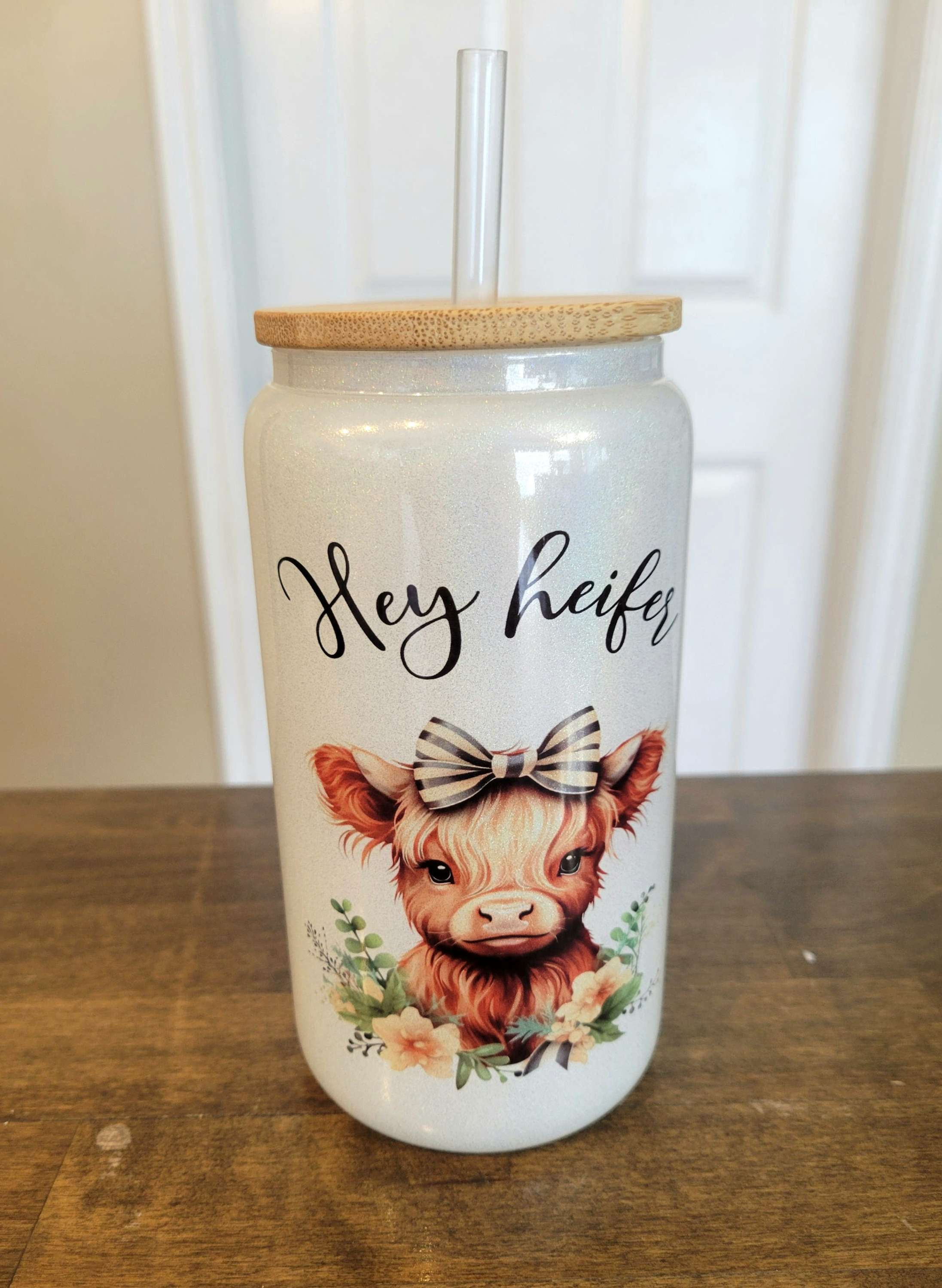 Hey Heifer Glitter Glass Cup