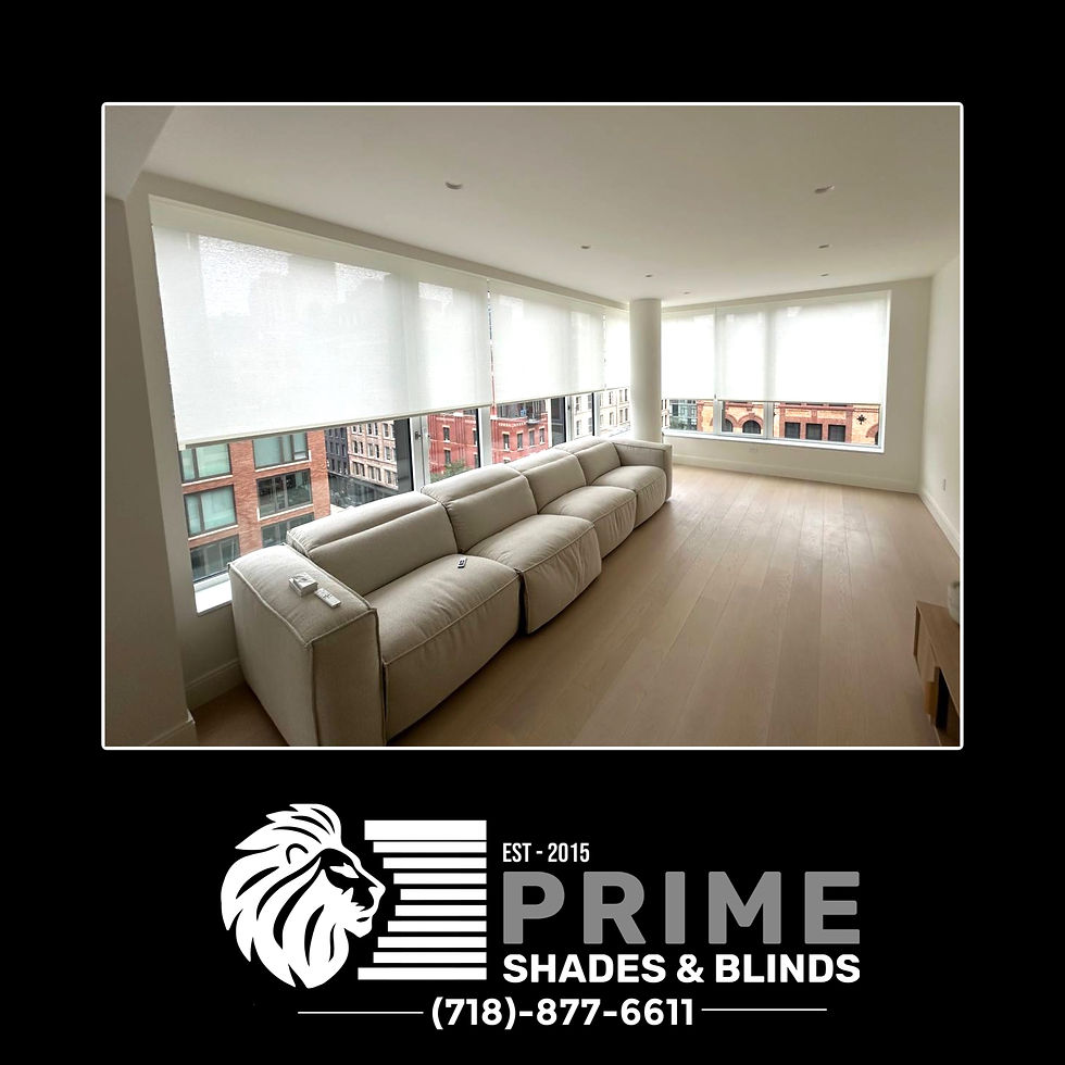 Eye-level view of elegant motorized shades covering a large New York apartment window