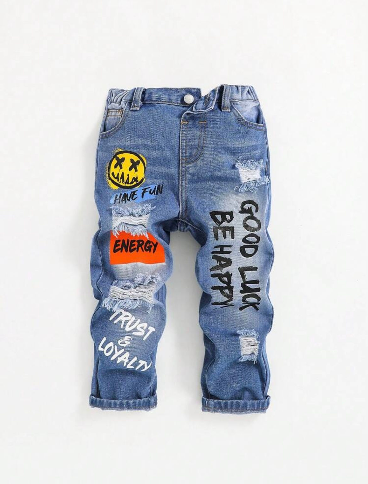 Cartoon Printed Distressed Denim -Blue 