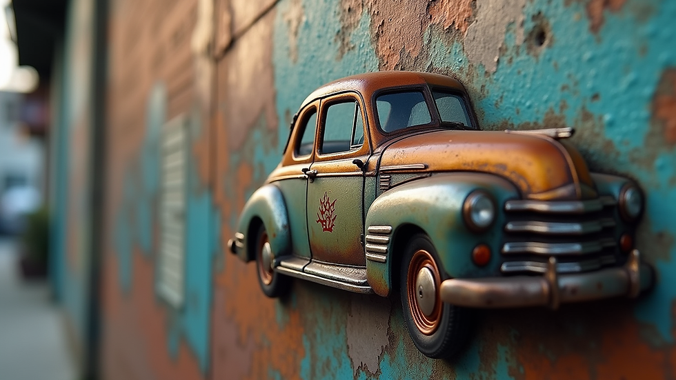 Close-up of a metal wall art piece featuring a vintage car