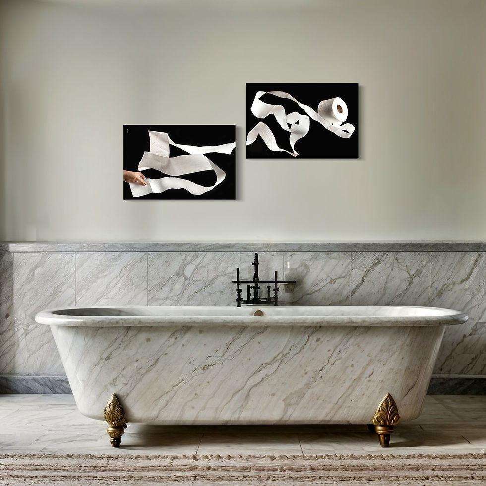 Thumbnail: collage of two pictures of toilet paper art hanged on wall of bathroom