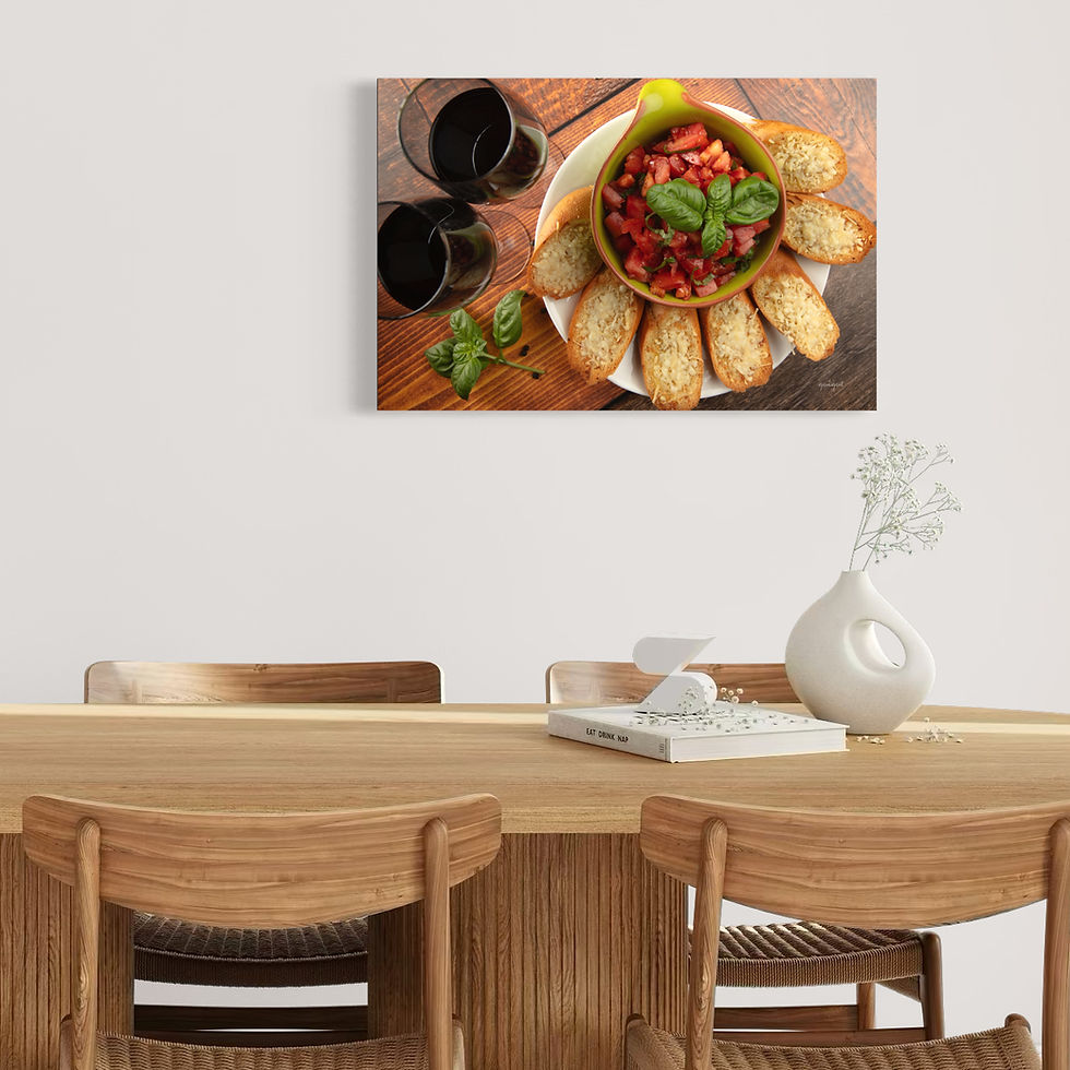 Thumbnail: Bruschetta plate photography printed on metal and hanged on wall of dining room