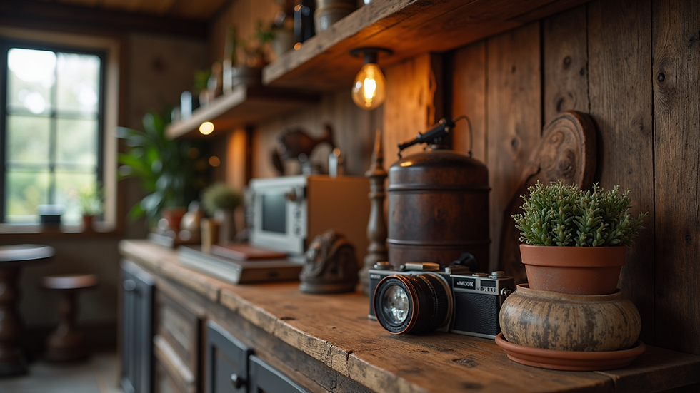 Eye-level view of a rustic wooden shelf with vintage man cave decor