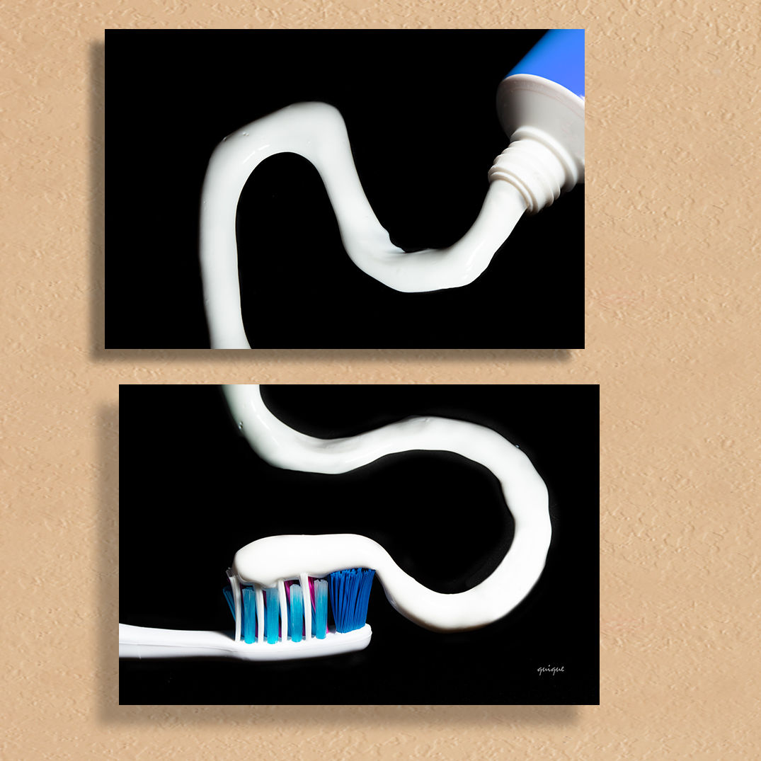 set of two pictures showing toothpaste from one picture into the toothbrush in the other picture