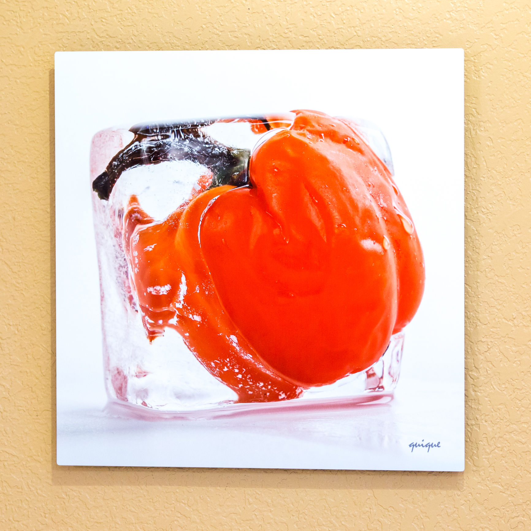 picture of a red pepper inside a very clear ice cube, hanged on wall