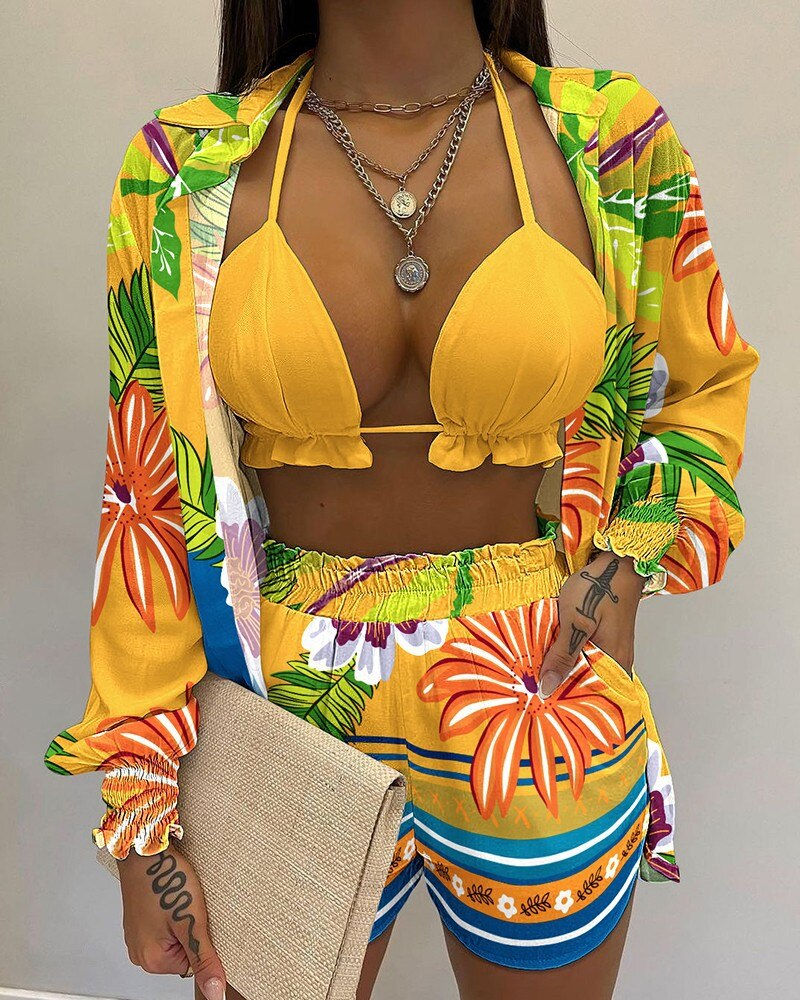 Thumbnail: Summer 3 Piece Set Outfits Women Fashion Sexy Beach Style Printed Suspender Shi