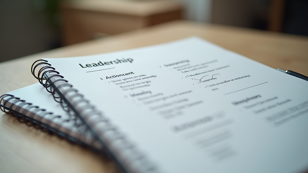 Close-up view of a notebook with leadership goals and action plans