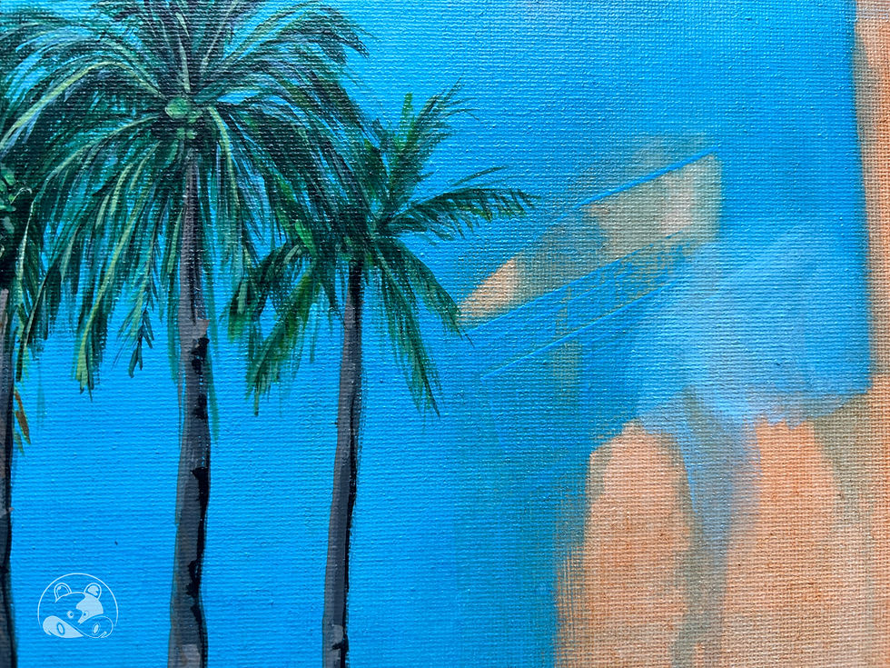 Thumbnail: A vibrant blue and orange painting depicting palm trees in a sunny day by artist, The Caffeinated Hippo
