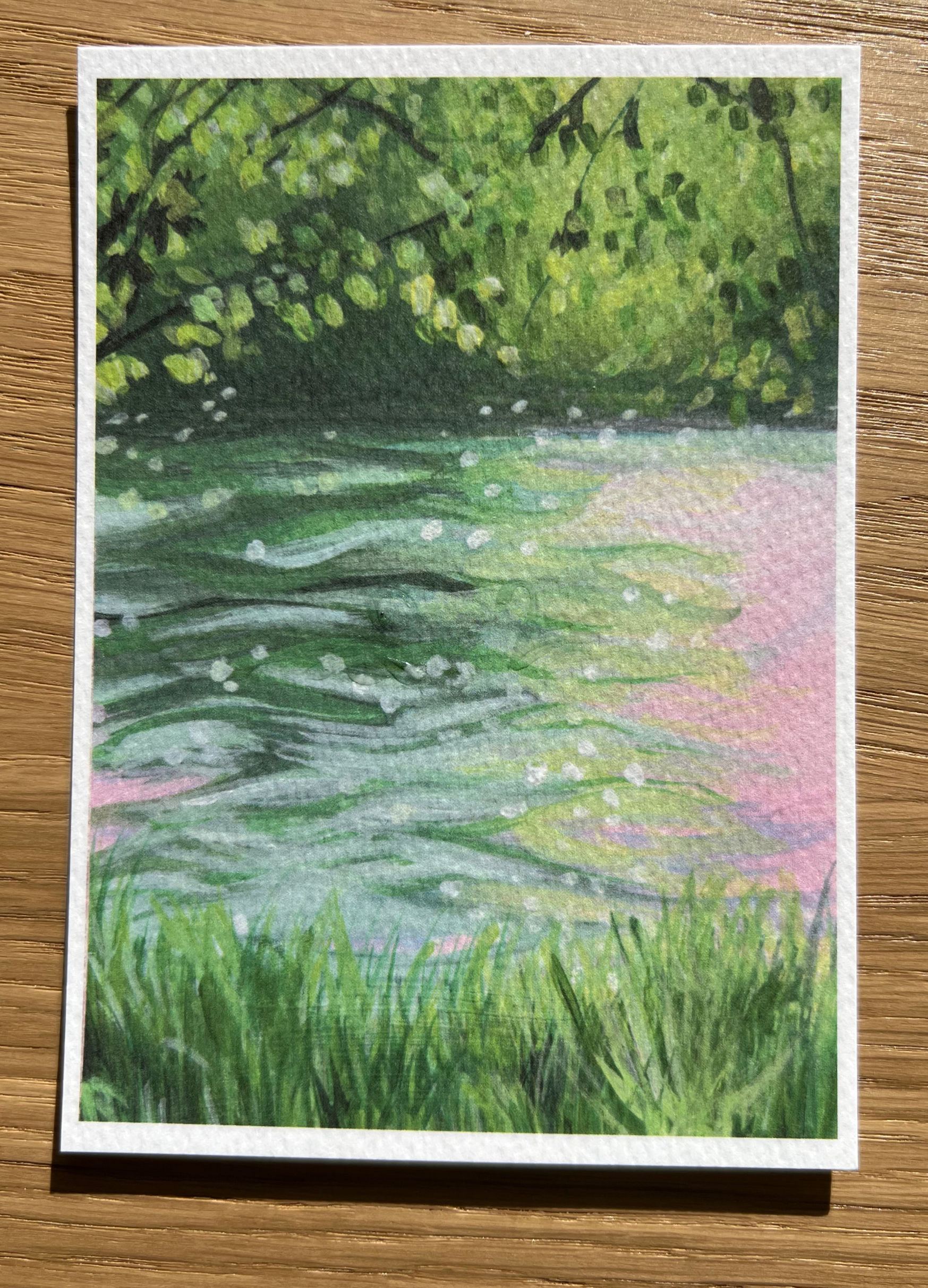 A serene painted landscape with swans that glow in the dark, depicting a warm summer's day in Oxfordshire