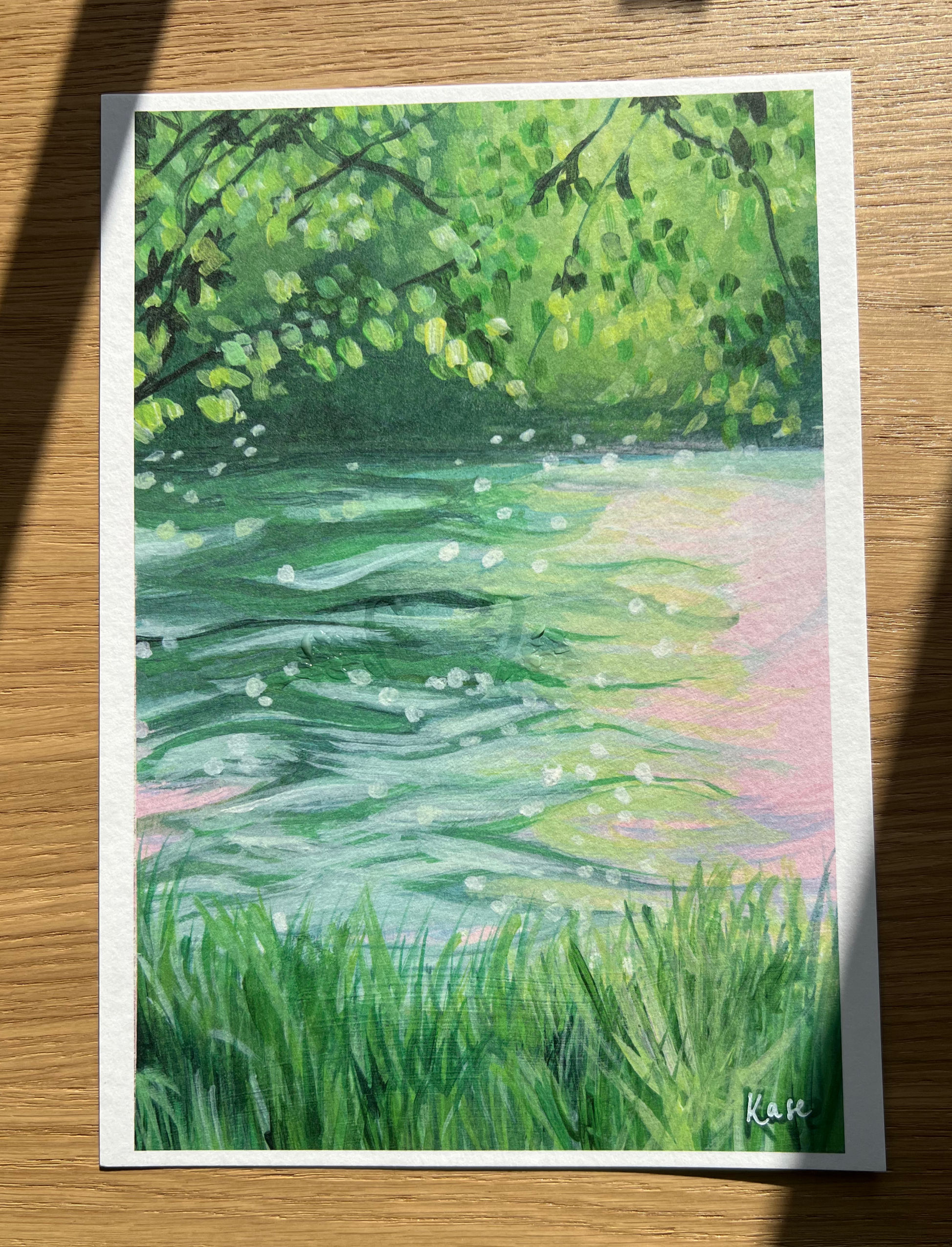 A serene painted landscape with swans that glow in the dark, depicting a warm summer's day in Oxfordshire