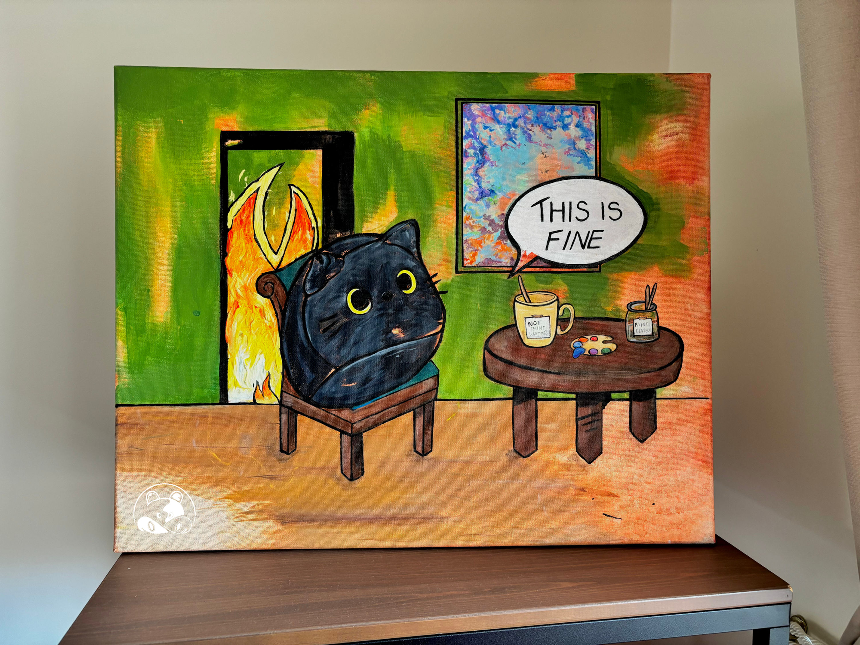 Funny meme painting inspired by the 'This is Fine' meme with a cat plushie that glows in the dark