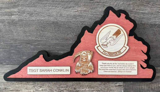 Custom Virginia shaped Air Force retirement/PCS plaque (wall hanging)