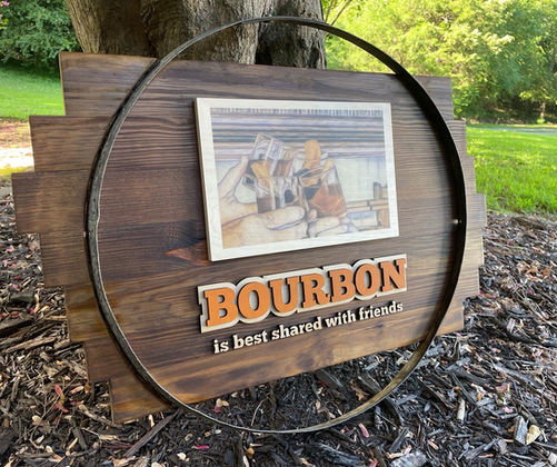 Reclaimed wood bourbon barrel ring sign
