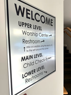 Brushed aluminum engraved church directional sign