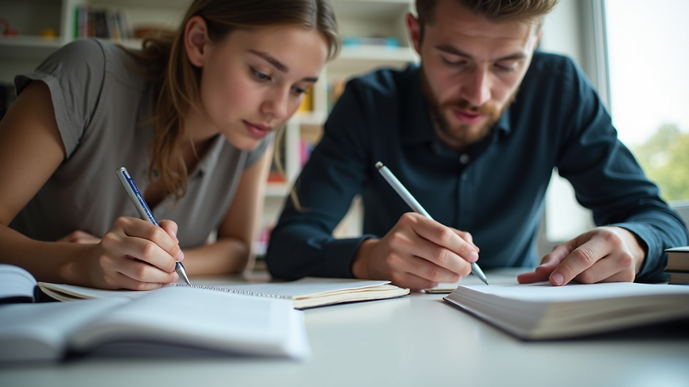 Close-up view of a tutor and student working together with books and notes