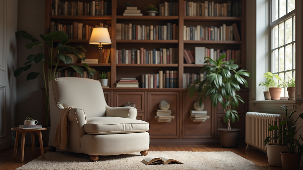 Eye-level view of a cozy reading nook with books and a comfortable chair