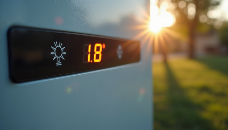 Close-up view of a solar inverter with digital display showing system status