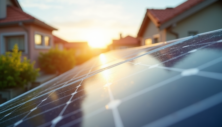 Eye-level view of solar panels on a residential roof under clear sky
