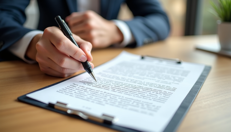 High angle view of a signed real estate contract with a pen on a wooden table