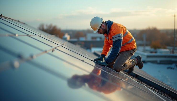 High angle view of a technician inspecting solar panels on a rooftop