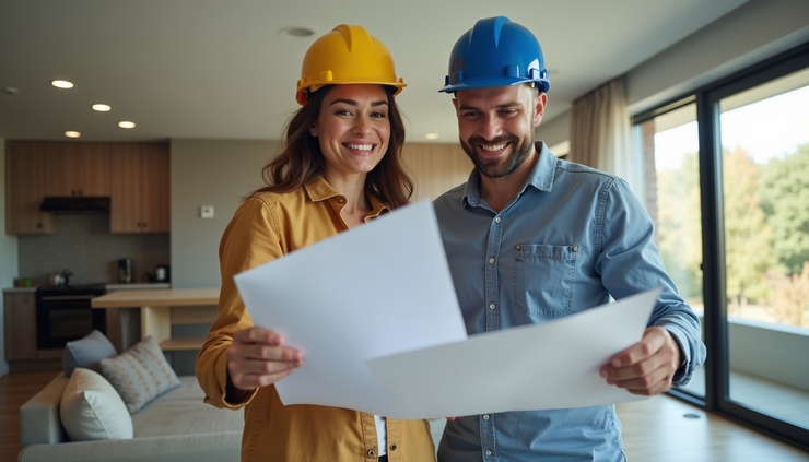 Close-up view of a contractor reviewing blueprints with a homeowner in a living room