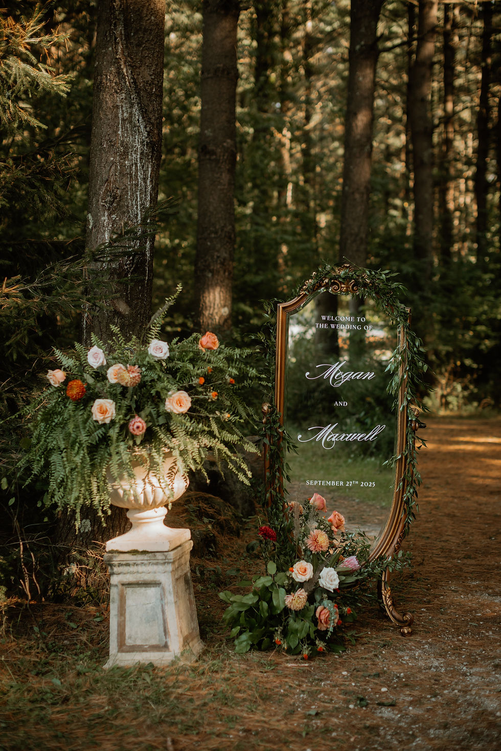 Decorative mirror sign used for ceremony information at Abloom Farm wedding