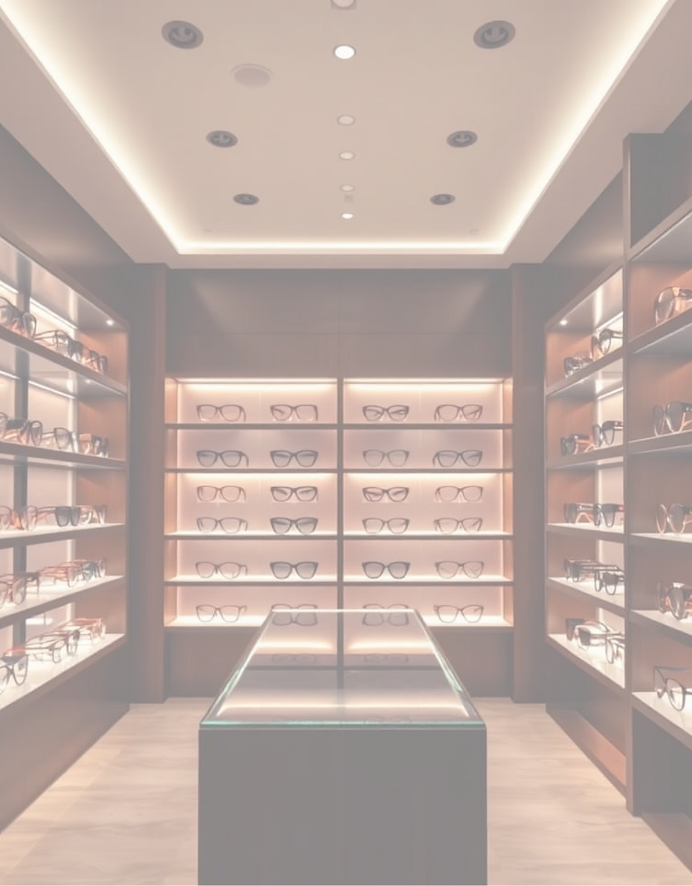 cinematic shot of high-end optical store design, luxury frames on illuminated shelves, premium mobil