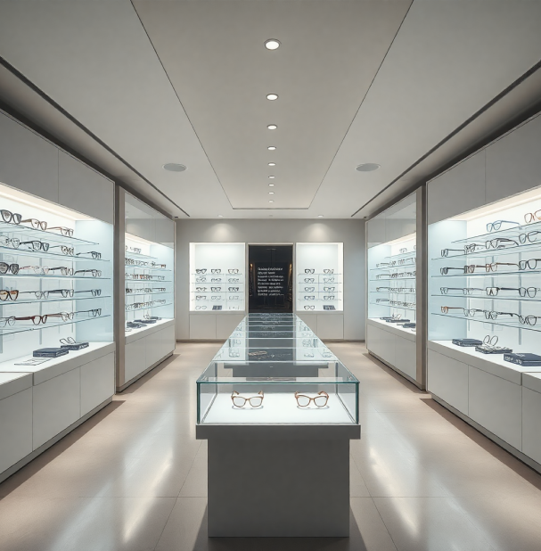modern minimalist luxury optical store interior, futuristic display cases with designer glasses, cin