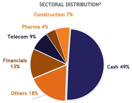 Pie chart of sector allocation: Cash 49%, Others 18%, Financials 13%, Telecom 9%, Construction 7%, Pharma 4%.