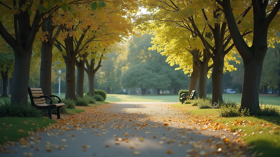 Eye-level view of a serene outdoor space with a bench and trees