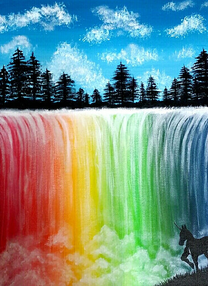 Beautiful blue sky with white clouds, pine trees, rainbow waterfalls, unicorn on grass, colorful art piece