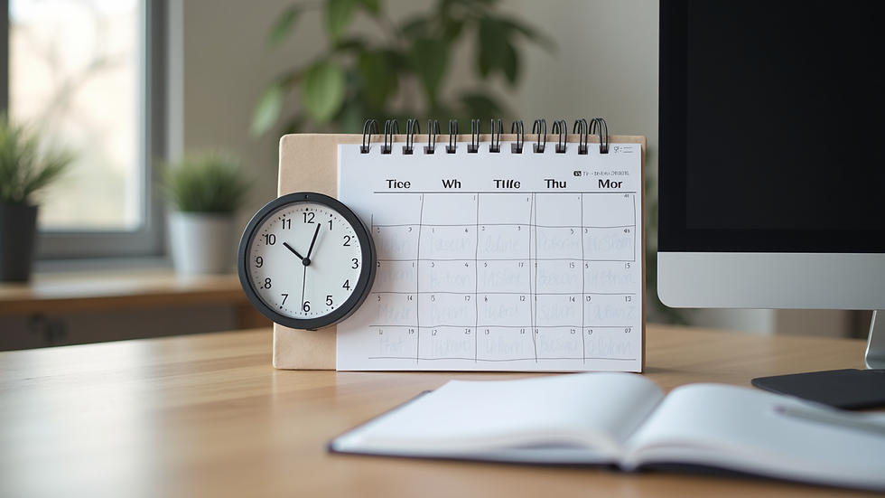 Close-up view of a calendar and clock on a desk, symbolising scheduling online tuition