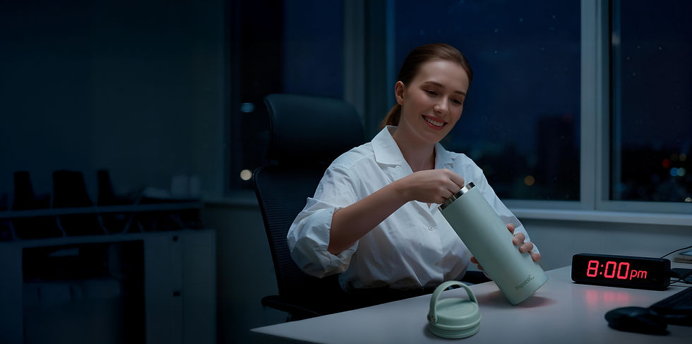 Working mom at evening office desk opening Papablic CapsuleChill Breast Milk Cooler