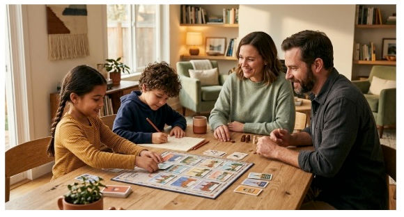 A family solves picture-card puzzles and draws shapes together around a dining table.