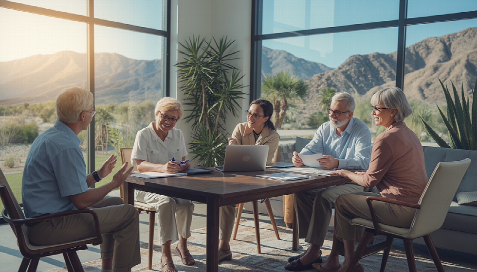 In a tranquil, sunlit office setting in Coachella Valley, California, a diverse group of senior citizens engages in estate planning discussions, surrounded by legal documents and a laptop, with a calming palette of blues, greens, and warm earth tones conveying trust and professionalism.