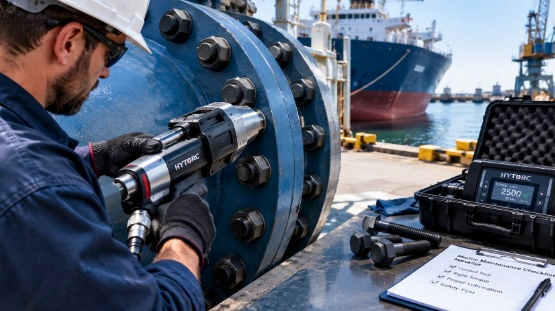 Technician using a hydraulic torque wrench on a flange bolt aboard a ship