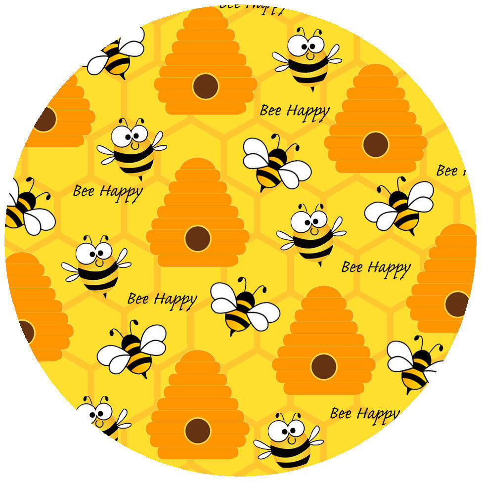 Cartoon bees and beehives on yellow, "Bee Happy"