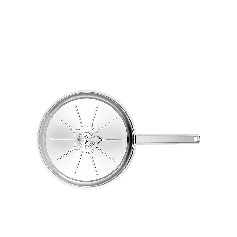 Fissler stainless steel frying pan with long handle top view