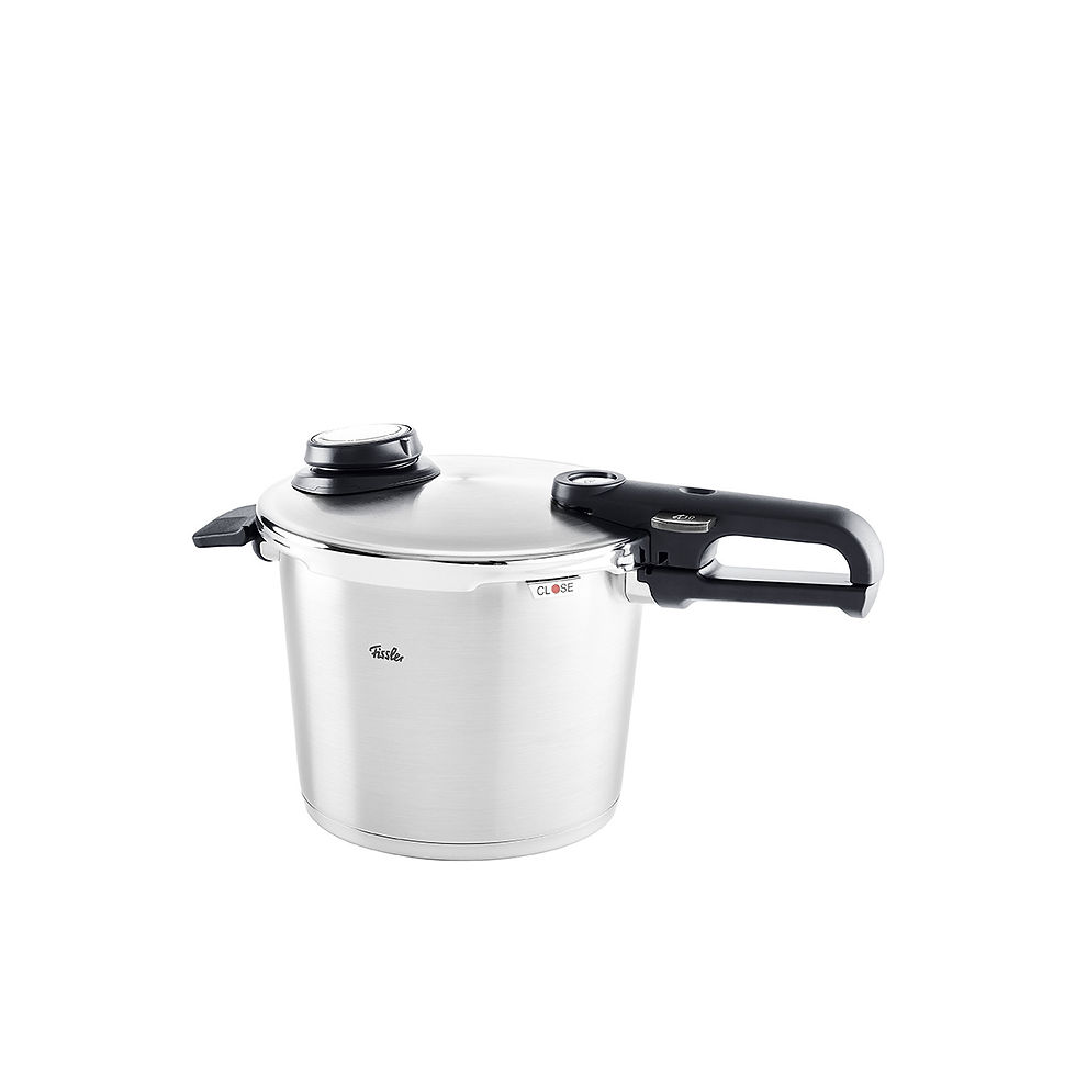Fissler Vitavit 6.3 quart stainless steel pressure cooker with black handle