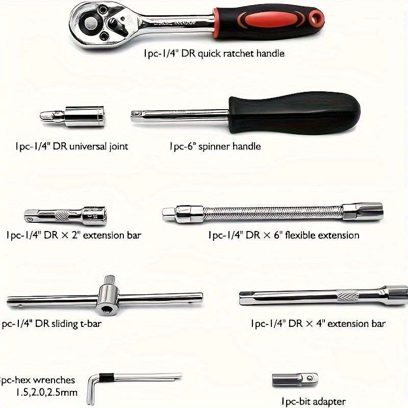 Thumbnail: 46pcs Heavy-Duty 1/4-Inch Drive Socket Set with Quick-Release Ratchet, Screwdriv