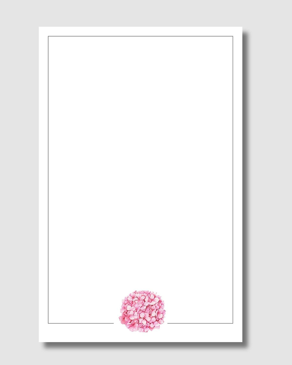 Letter writing paper with pink hydrangea bloom image on center bottom