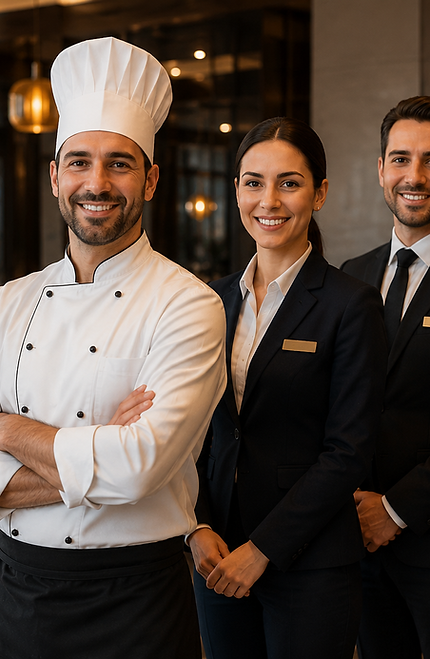 Professional hospitality team including executive chef, hotel manager, and restaurant staff