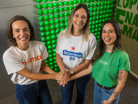 Cláudia Pires, fundadora da startup So+ma; Lígia Camargo, diretora de Sustentabilidade da Heineken; e Saville Alves, fundadora da startup SOLOS