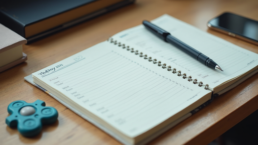 High angle view of a desk with a planner, pen, and fidget toy