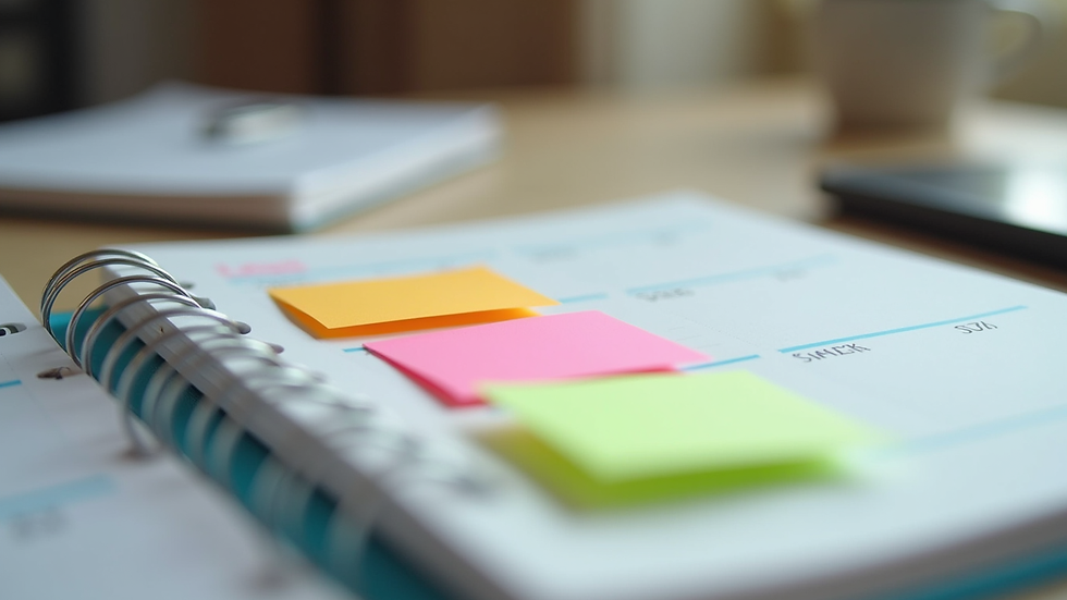 Close-up view of a planner and colorful sticky notes on a desk