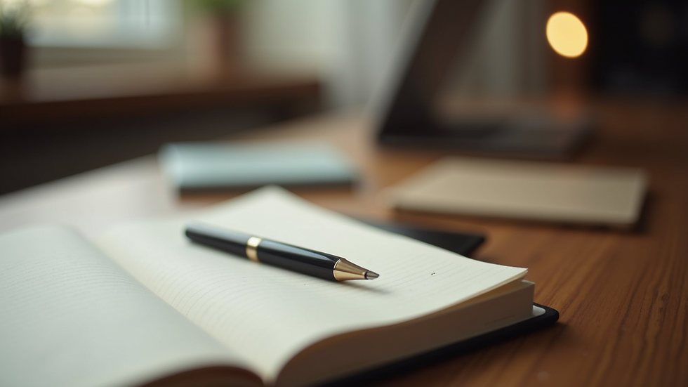 Close-up view of a journal and pen on a wooden desk