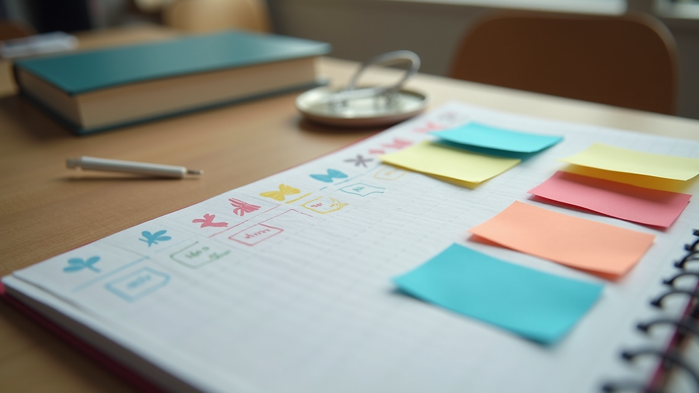Close-up view of a planner and colorful sticky notes on a wooden table